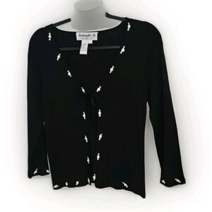 Joseph A. VTG Women's Silk Black Knit Cardigan with Embroidered Rose Buds M